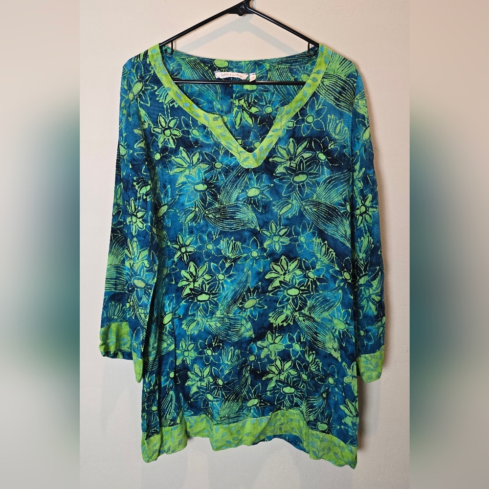 Soft Surroundings Blue and Green Floral Blouse